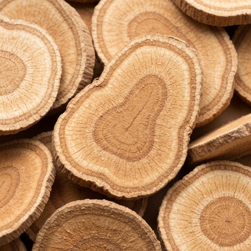 Close-up of dried root and powder forms
